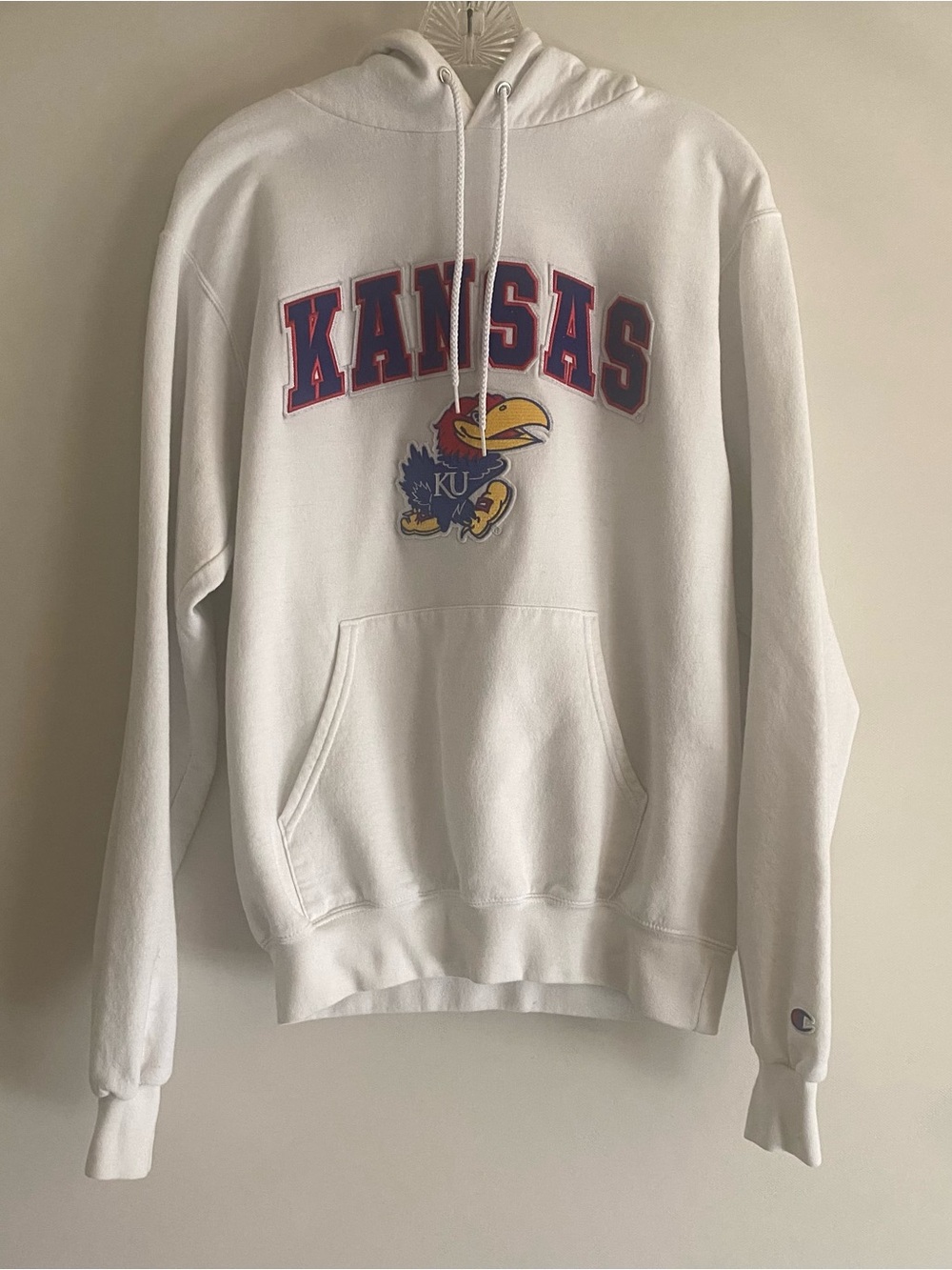 Champion White Kansas Embroidered Jayhawks Crewneck Hoodie NCAA Size Small